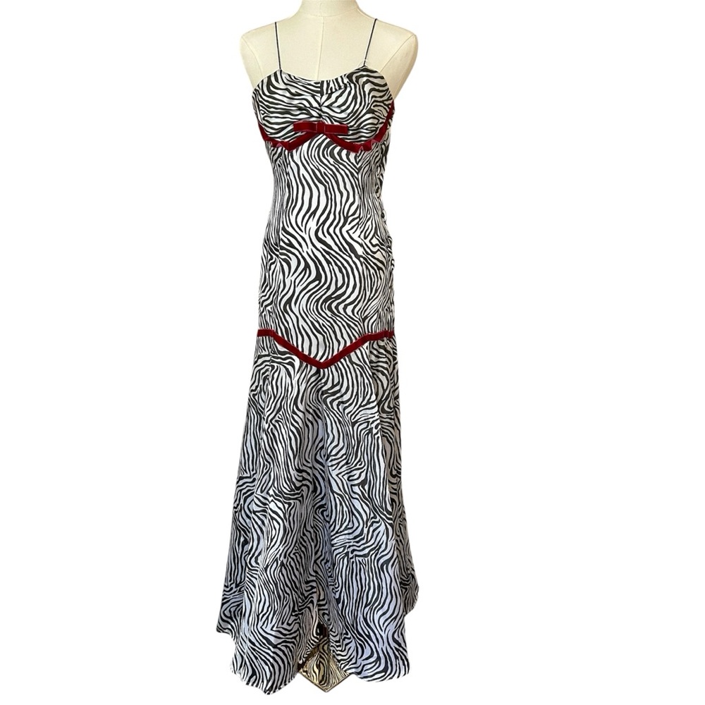 Stunning Y2K Handmade Zebra Print Prom Dress with Velvet Trim